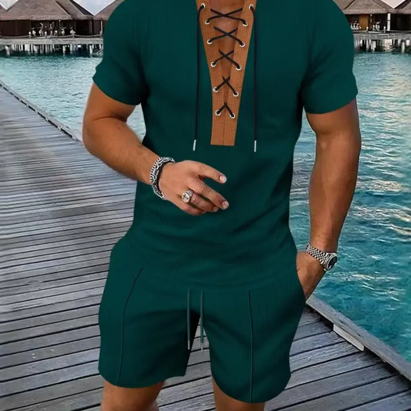 Men's Solid Color Lace Up Short Sleeve Shirt & Shorts Two-piece Set, Co Ord Set, Regular Fit Tropical Casual Fashion Cozy Breathable Shortsleeve Set for Summer, Men's Clothes for Daily Wear