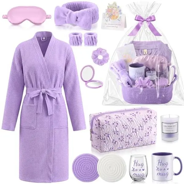 Gejoy Women's Floral Bathrobe Spa Basket Set (13 Pcs) – Women's Clothes Self-Care Package with Scented Candle, Eye-Centric Touches for Mom, Nurse Gifting (Birthday, Mother's Day)