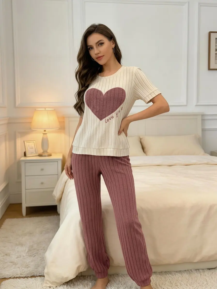 Women's 2-Piece Heart Print Ribbed Knit Short-Sleeve Pajama Set - Lightweight Soft Jogger Pants Loungewear for Maternity Homewear Sleepwear