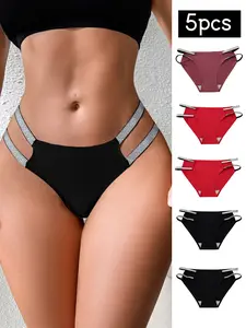 Women's Low Waist Sexy Belt Set, Soft Comfortable Breathable Quick-Dry Everyday Underwear Panties, Plain Elegant Style, 5 Pcs Pack, All Seasons