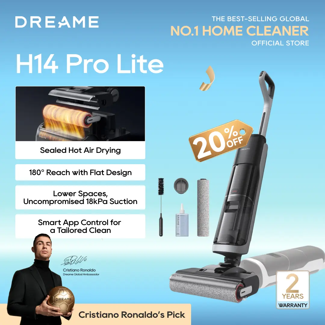 DREAME H14 Pro Lite Vacuum Mop, Wet Dry Vacuum Cleaner, 180° Lie-Flat Vacuum Mop, 140°F Washing and Fast Hot Air Drying, Powerful 18kPa Suction Floor Cleaner Machine, Easy GlideWheel Movement, Smart App Control