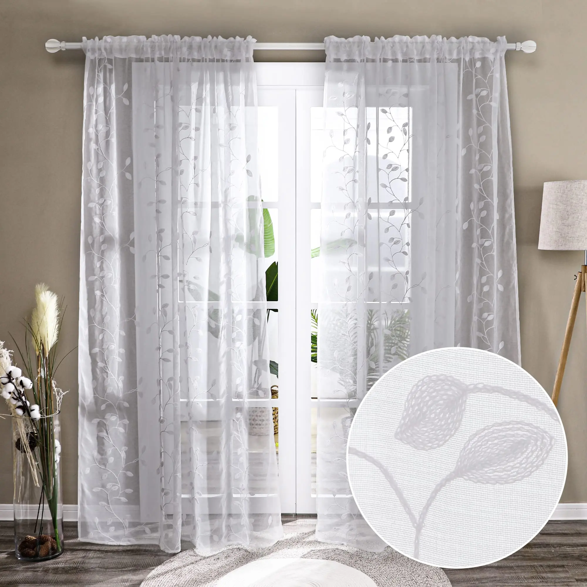 Deconovo Pink Embroidered Leaf Pattern Curtains - 2 Panels, Rod Pocket Window Drapes for Living Room, Bedroom, Embroidered Curtain