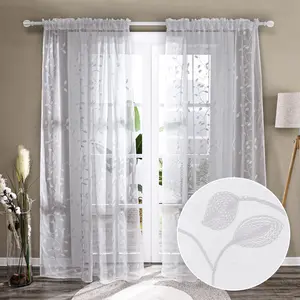 Deconovo Sheer Curtains(2 Panels, Leaf Pattern Embroidered), Rod Pocket Indoor Sheer Curtains/Drapes for Living Room/Bedroom