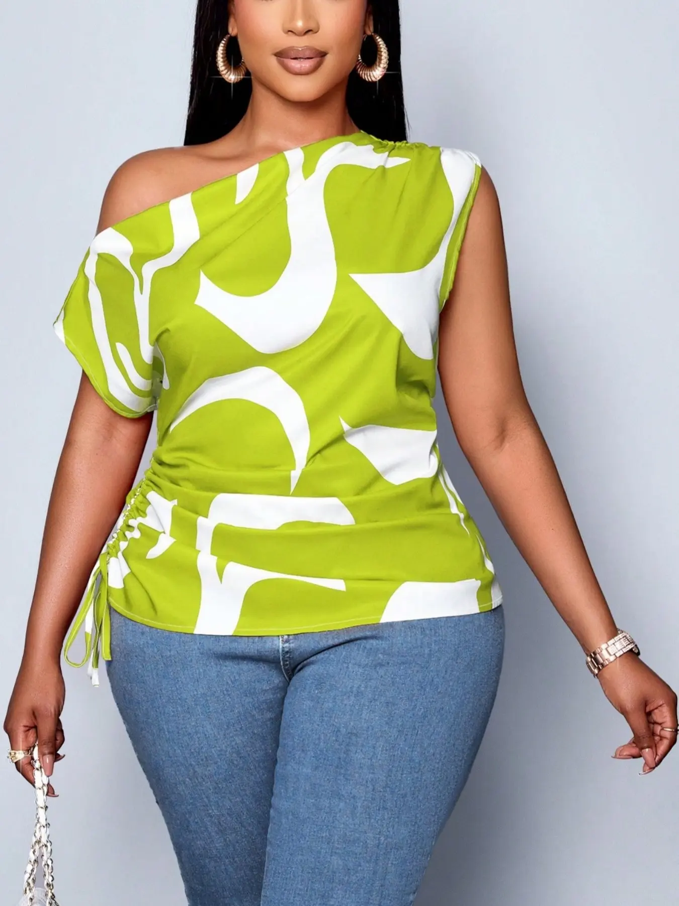 2026 Summer New Fashion Casual Classy Elegant Elegant Trendy Casual Fitted Geometric Print Asymmetrical Shoulder Design Drawstring Short Plus Size Women's Clothing Blouse Tops Casual Shirts