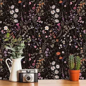 Wallpaper Self-Adhesive Blooming Vintage Colourful  Wall Paper for Bedroom Living Room Cabinet, Peel and Stick Beige Sketch Little  Wallpaper Mural 47.36 sq.  (393.7"x17.3", Black)