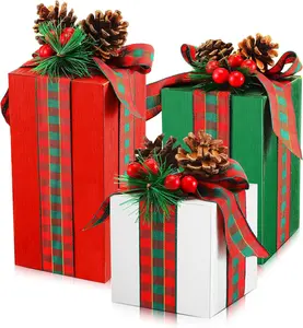 3 Pcs Christmas Table Centerpieces Christmas Wooden Present Decorations Rustic Faux Blocks Table Tiered Tray with Bowknot(Style,4.3-7inches)