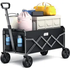 Collapsible Foldable Wagon, Folding Wagon with Wheel Heavy Duty with 180lbs Weight Capacity Lightweight Utility Camping Cart for Groceries Garden Beach Sports Fishing (Black)