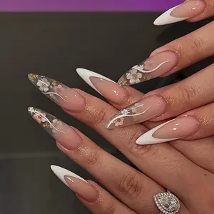 SHEDARES Blush Meadow – Handmade French Tip Long Stiletto Press-On Nails with Preserved Floral Inlays & Glossy Nude Finish – Perfect for Parties, Events & Birthday