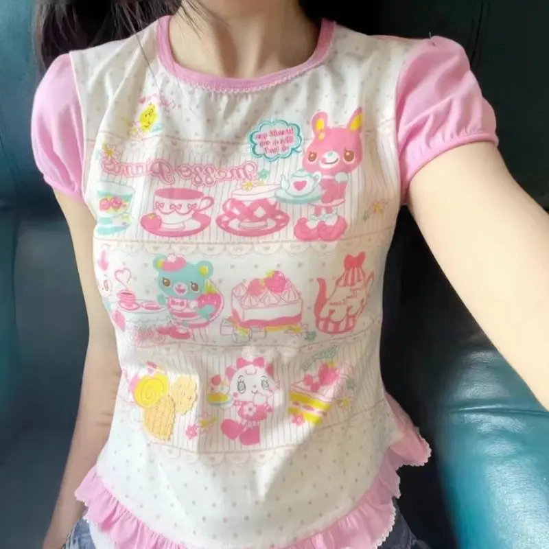 TOP Summer Japanese Pink Tees O-neck Short Sleeve Camisetas Anime Print Cute Tshirts Y2k Tops Cartoon Sweet T-shirt subculture COOL
