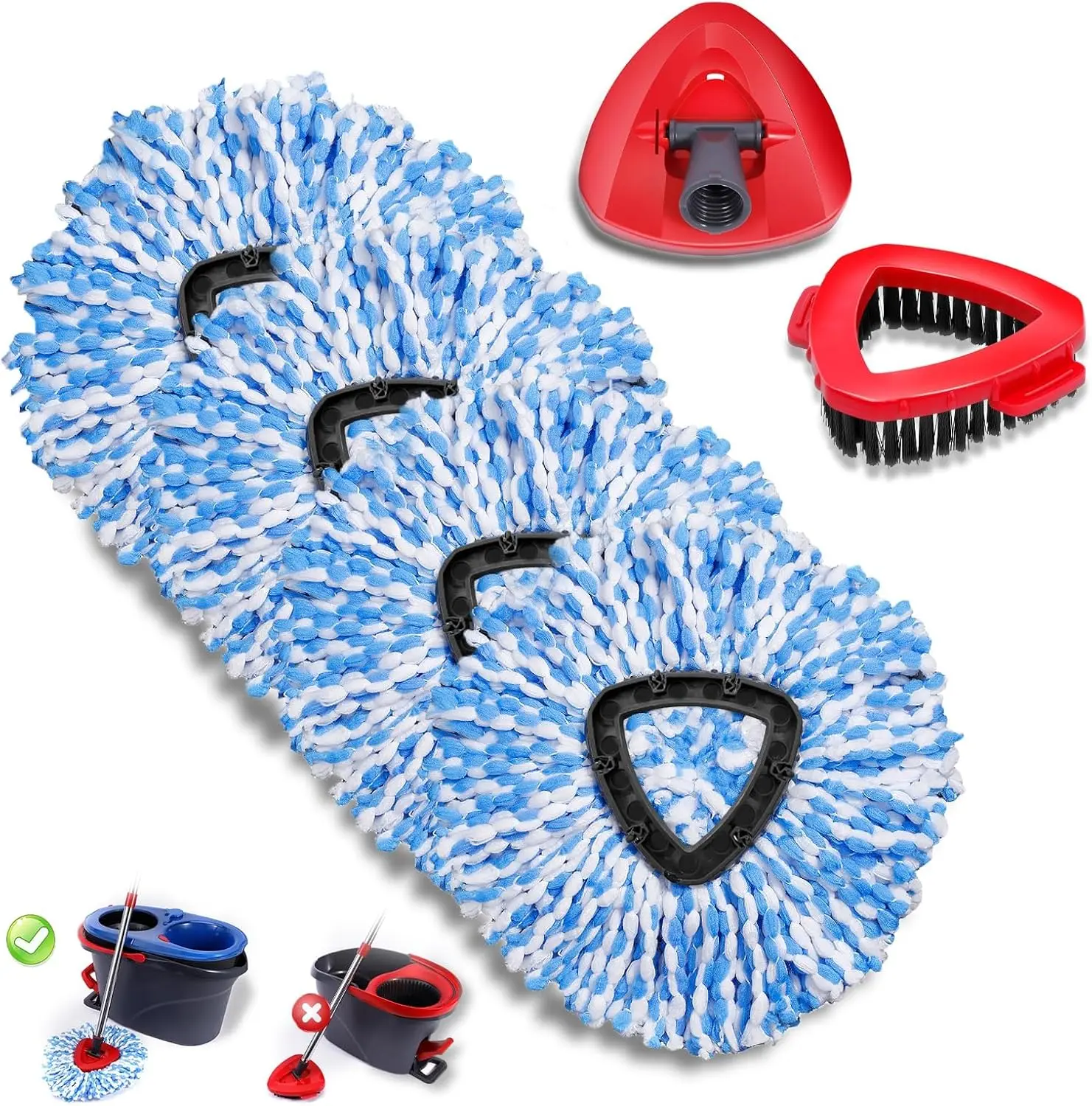 Mop Replace Heads & 1 Scrub Brush & 1 Base Combo for Ocedar Easywring 2-Tank System Microfiber Spin Mop Replacement Head,Machine Washable for Bathroom,Kitchen,Tub and Tile(Blue)