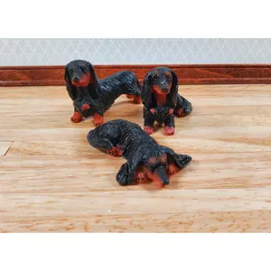 Dollhouse 1:6 Scale Dachshund Dogs Set of 3 Playscale Long Haired Puppy Pets
