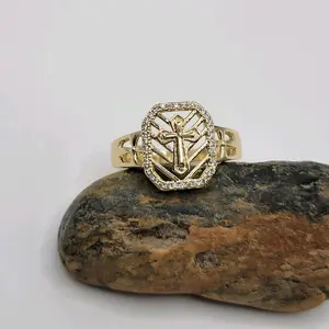 Elegant  Ring with Cross and Clear Stone  Laminated Gold Finish Sizes 6 7 8 9 14mm Top 3mm Bottom Sparkling Gift Choice for Any Occasion
