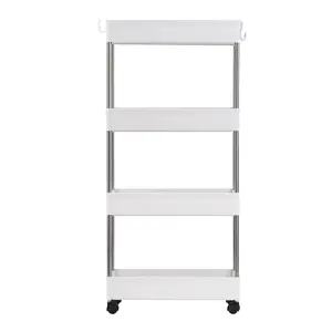 4 Tier Slim Storage Cart Mobile Shelving Unit Organizer Slide Out Storage Rolling Utility Cart Tower Rack for Kitchen Bathroom Laundry Narrow Places, Plastic & Stainless Steel, White
