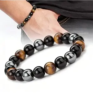 2pcs Triple Protection Bracelet Set for Men Women Hematite Black Obsidian Tiger Eye Beaded Buddha Healing Rope Bracelets Bring Luck Prosperity