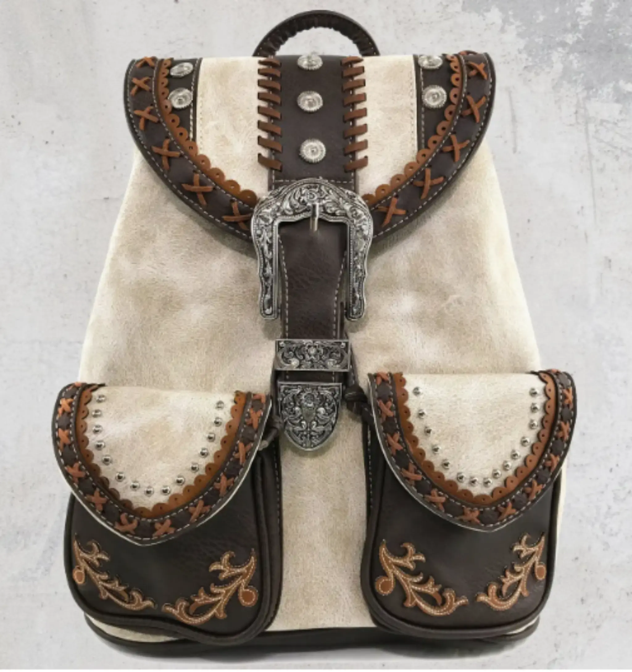 Western Leather Buckle Backpack Beige