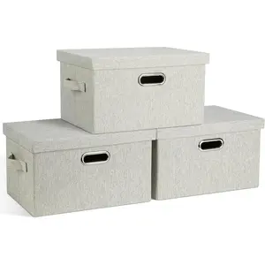 Medium 15" 21 Quart Collapsible Stackable Storage Bins with Lids, 3 Packs Beige Foldable Fabric Closet Boxes Heavy-duty Linen Cube Baskets Container for Bedroom Office (15 x 11 x 8) Organiser