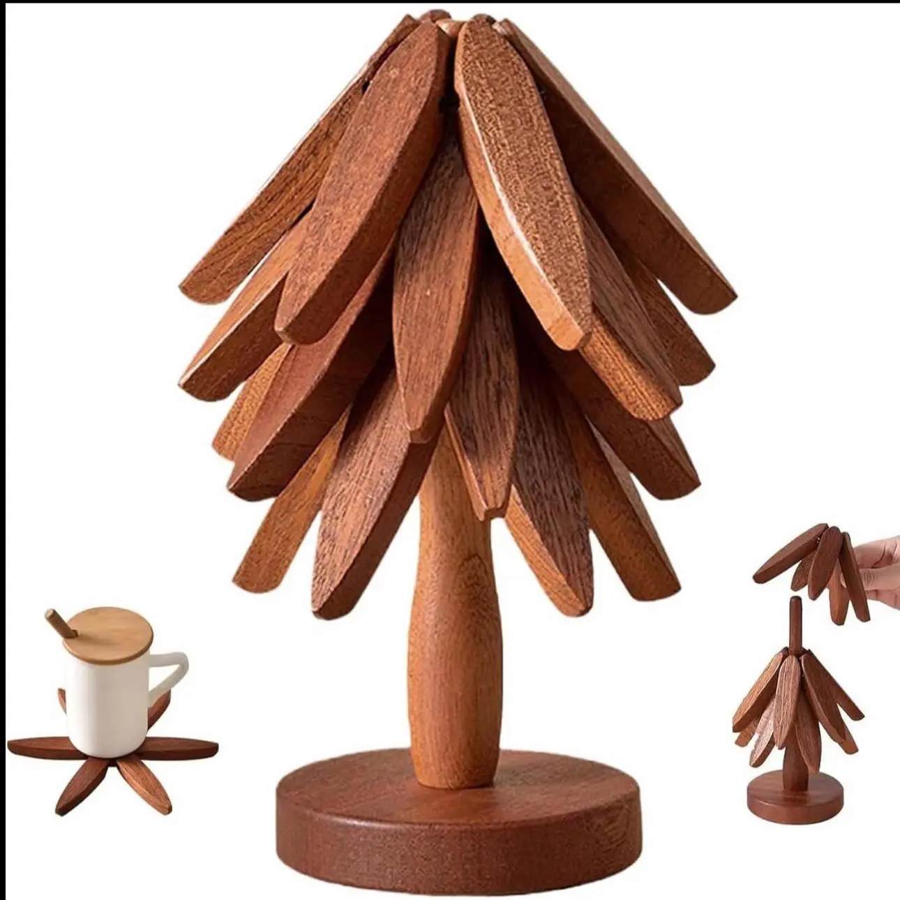 Wooden Trivets for Hot Dishes, Natural Foldable Kitchen Wooden Trivets for Hot Dishes,Tree Shape Trivet Set for Kitchen Counter Table Home Essentials Tableware Coffee Coasters Reusable Stylish Traditionalcountertop protector, wooden kitchen decor Classic