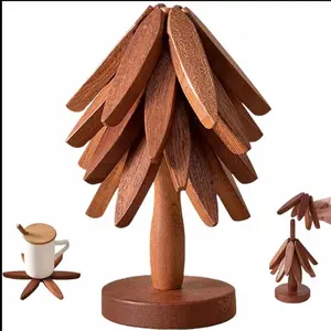 Wooden Tree-Shape Trivet Set with 4 Coasters & 1 Stand - Natural Finish, Heat Resistant Kitchenware, Kitchen Decor for Hot Dishes