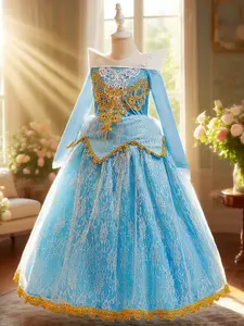 Princess Dress Girls Sleeping Beauty Aurora Lace Gown Elegant Colorblock Party Costume Fitted Fabric for Spring & Fall Performance Wear