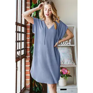 Heimish Full Size Ribbed Short Sleeve Hooded Dress Casual Comfort