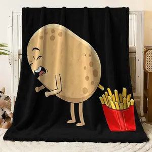 Funny Cartoon Potato & Fries Print Flannel Blanket - Soft Cozy Plush Throw for Bed Couch Sofa, Adorable Food - Themed Warm Blanket with Cute Potato Character (Smiling, Closed Eyes, Open Mouth) Flannel Throw Blankets
