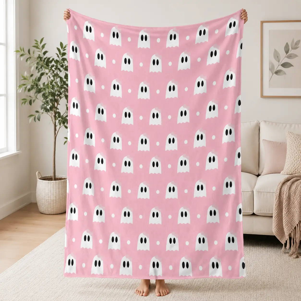 Cute Ghost Pattern Blanket, Pink Aesthetic Throw Blanket, Soft Cozy Blanket for Bedroom Sofa Decor, Fun Gift for Teens Girls Women