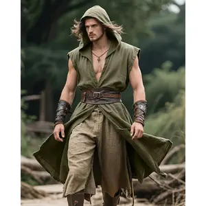 Men's Medieval Hooded Surcoat Renaissance Tabard Sleeveless Tunic Cloak Viking Costume Holloween Assassin Cosplay
