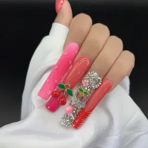 B28 Cherry Super Long Square Handmade Acrylic Press On Nail with Flower Design Rhinestone for Nail Art and Care Durable Long Lasting Easy Application Nail Accessories Nail Art Decoration