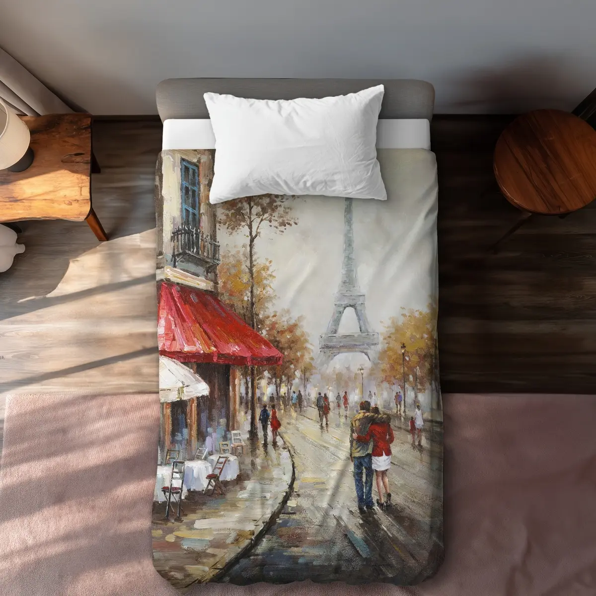 360 stand Twin Size Extra Long Microfiber Duvet Cover - Romantic Red, Couple Walks Paris Streets Print, Year-Round Home Bedding, Bedroom Decor Ideas, Microfiber Duvet Covers, Couple Walking, Decorations For Bedroom