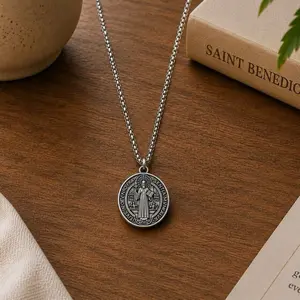 Unisex Christian Saint Benedict Cross Pendant Necklace, Simple Casual Daily Everyday Unisex Wear Religious Jewelry with Latin Cross Benedictine Abbey Design & Durable Zinc Alloy Chain for Men Women Gift