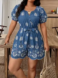 Plus Size Women's Round Neck Short Sleeve Romper Jumpsuit, Floral All over Print, High Waist, Loose-Fit, Elegant Belt Design, Casual Outdoor Wear