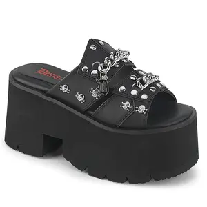 Demonia Women's Ashes-08 Black Vegan Leather Sandals with Skull Studs & Metal Chains on Chunky Heel Platform Summer Footwear