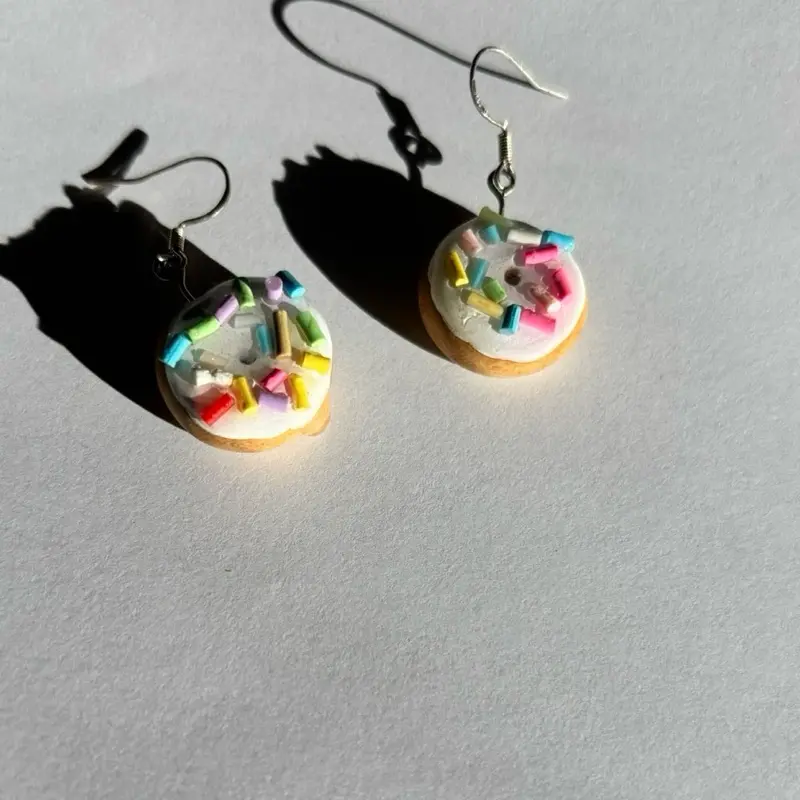 White Sprinkle Donut Earrings with Colorful Sprinkles and Silver Hooks for Festive Accessory