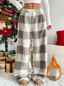Women's Plaid Fluffy Pajama Pants, Fuzzy Fleece Cozy Wide-Leg Design, High-Waisted Elastic Drawstring, Casual All-Season Wear