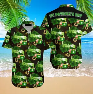 St. Patrick's Day Black Lucky Clover Hawaiian Shirt, Golden Horseshoe and Leprechaun Button Down, Black Irish Heritage Party Shirt, Premium Festive Clover Pattern Apparel