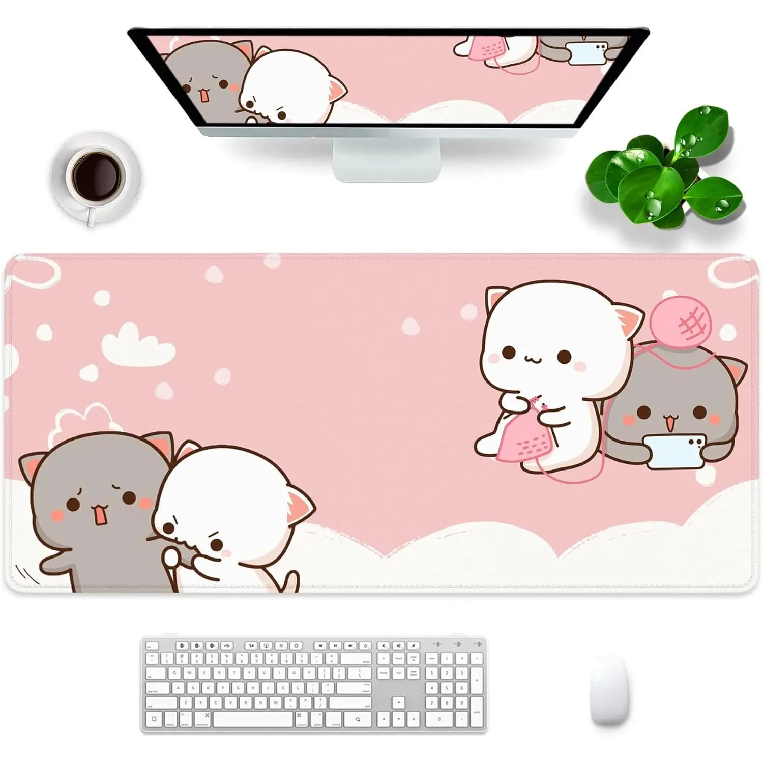 Pink Large Gaming Mouse Pad Cat Desk Pad XXL Cute Mouse Mat 24x14x0.12 inch Desk Accessories Kawaii Desk Mat