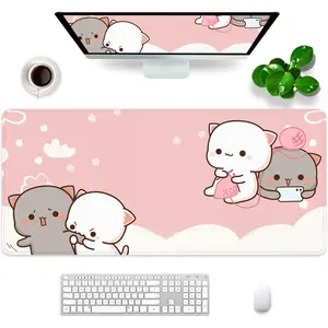 Pink Large Gaming Mouse Pad Cat Desk Pad XXL Cute Mouse Mat 24x14x0.12 inch Desk Accessories Kawaii Desk Mat
