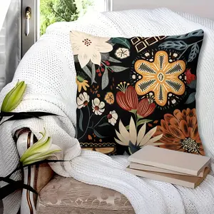 Vintage Boho Floral Throw Pillow with Insert, 45cm Square Zippered Pillow, Oil Painting Texture Flowers and Ethnic Geometric Patterns, Soft Polyester Fiber, Ethnic Geometric Patterns, Sofa Bed Headrest Decor