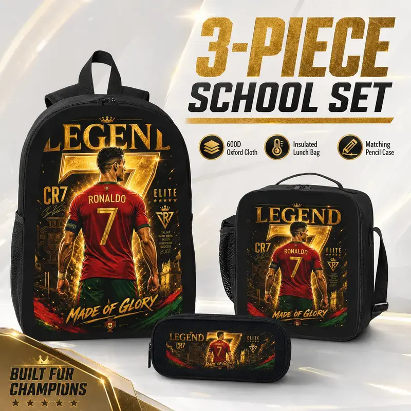 Back to School 2026 Legend 7 Soccer Backpack 3 PCS Set for Boys Teens, Ronaldo #7 Bookbag with Insulated Lunch Box and Pencil Case, Elementary Middle High School Student Bag, Sports Fan Birthday Gift