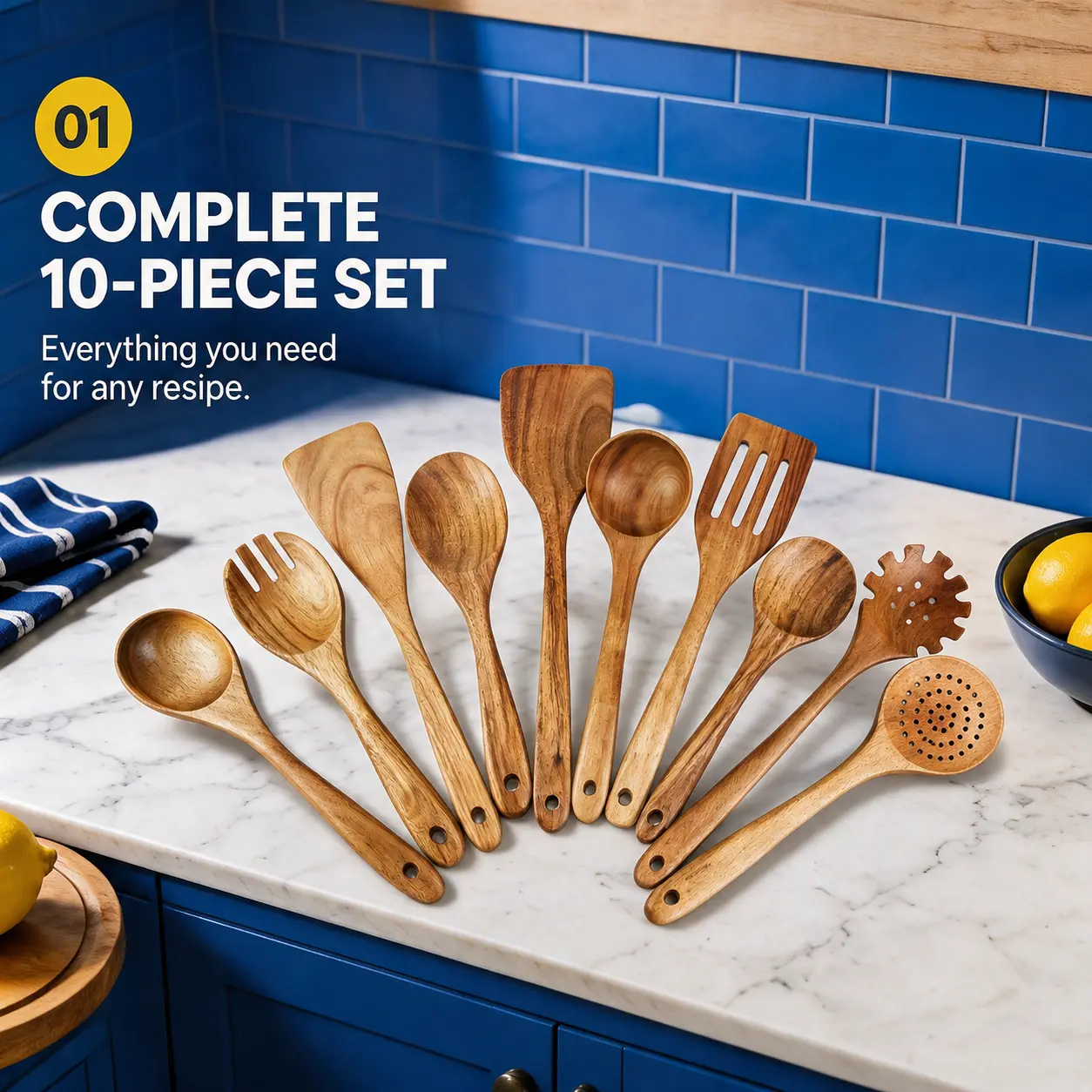 10-piece wooden cooking utensil set, high-quality wooden kitchen tools suitable for nonstick pots, including spoons, spatulas, ladles, pasta spoons, and slotted spoons