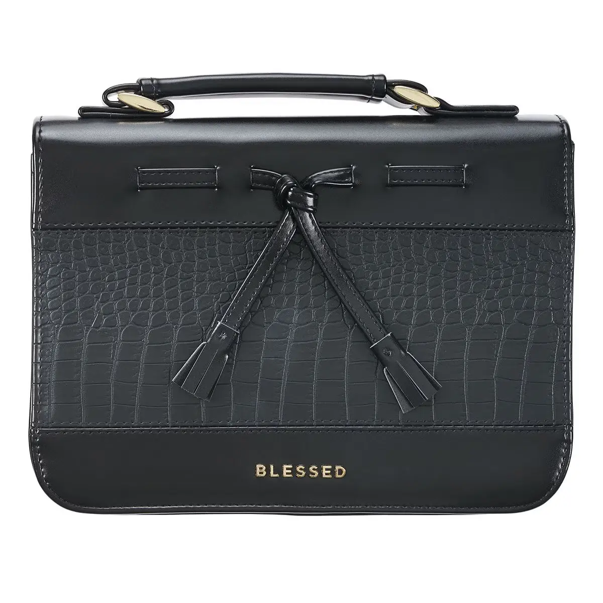 Elegant Women's Blessed Bible Cover, Classic Black Croc Faux Leather with Tassels, Bow, Gold Metal Handle Hardware, Threaded & Knotted Faux Leather Cord, Exterior Slip Pocket - Ideal for Bible Study, Mother’s Day Gift