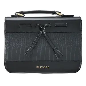 Blessed Black Croc Faux Leather Fashion Bible Cover with Tassels