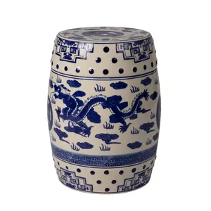 Double-Medallion Dragon-Embellished Ceramic Indoor/Outdoor Garden Stool/Table in Blue & White