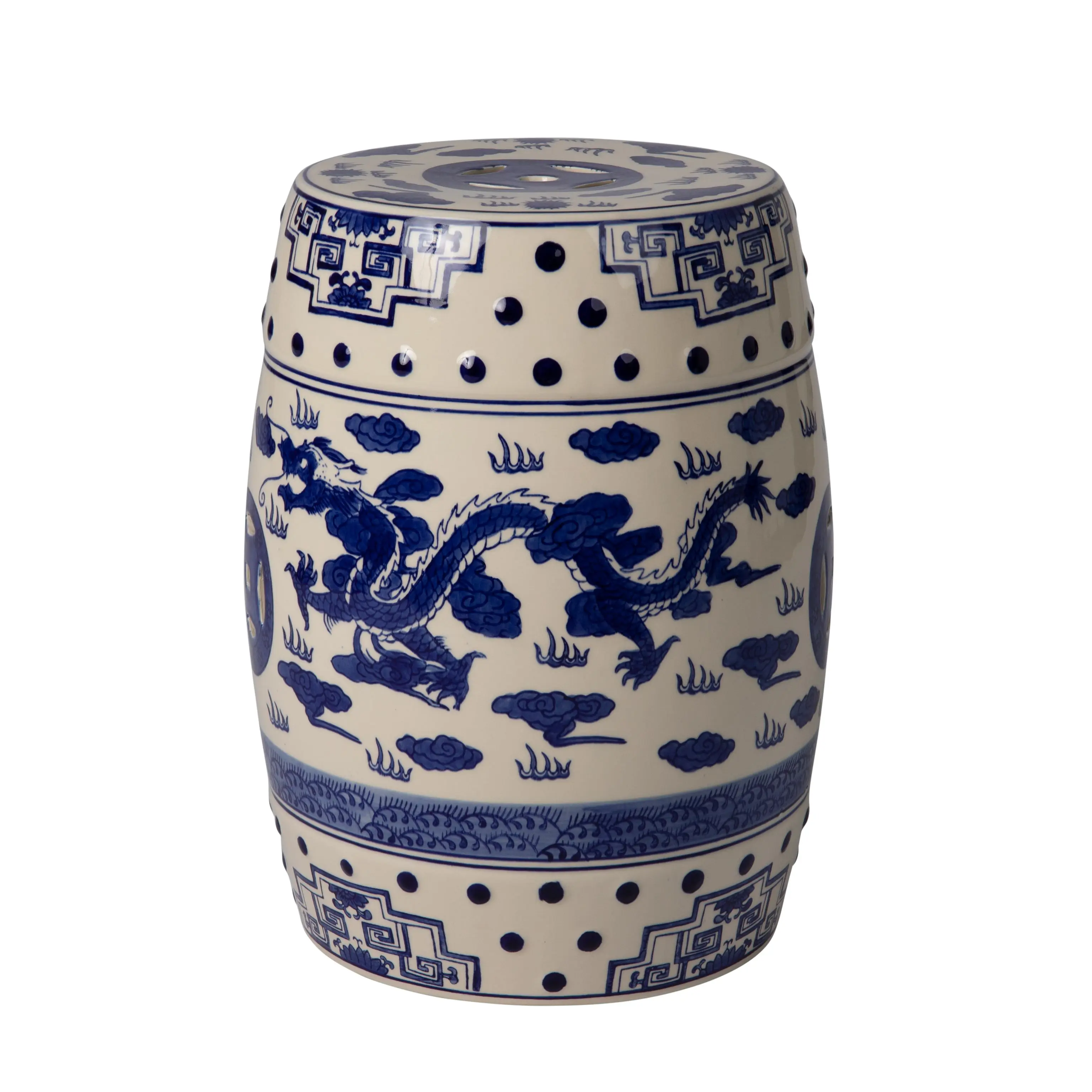 Double-Medallion Dragon-Embellished Ceramic Indoor/Outdoor Garden Stool/Table in Blue & White