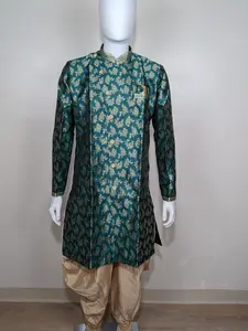 Men's sherwani with brown brocade set - Green