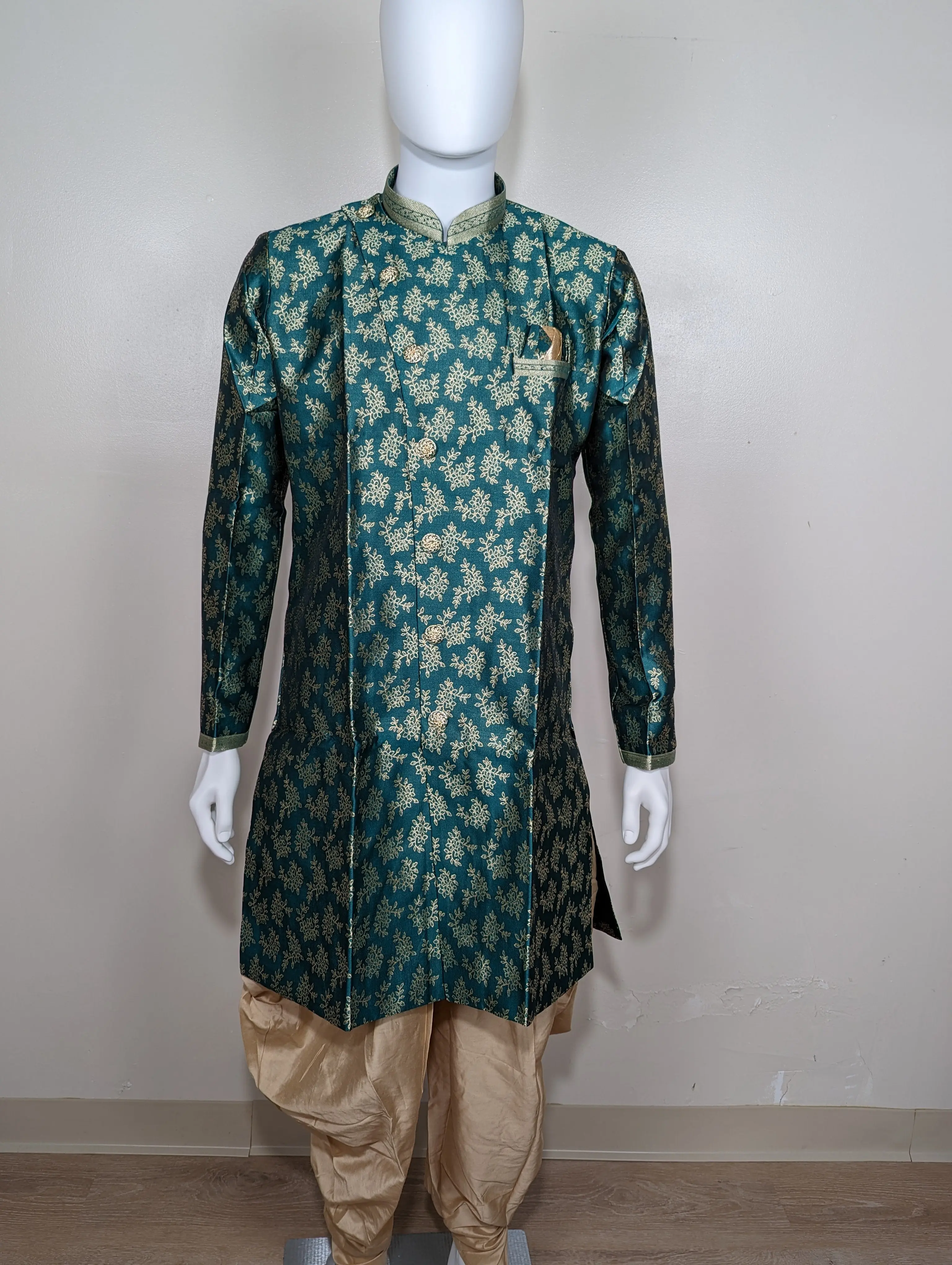 Men's sherwani with brown brocade set - Green