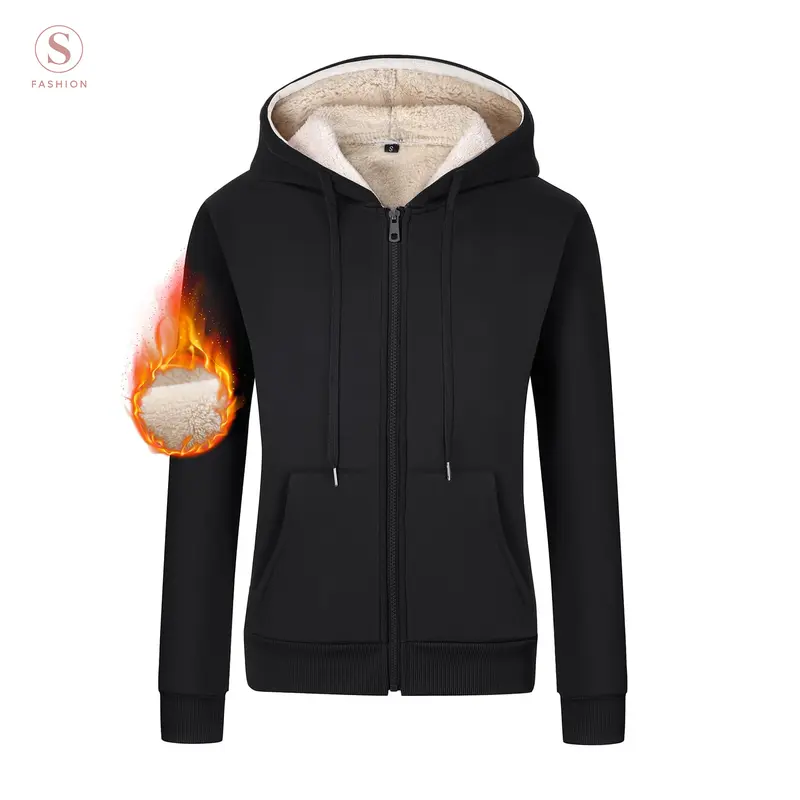 Yimoon Women's Sherpa-Lined Long Sleeve Zip-Up Hoodie, Casual Slip-On, Winter Warm Fleece Jacket with Kangaroo Pockets, Drawstring Hood, Outdoor Womenswear