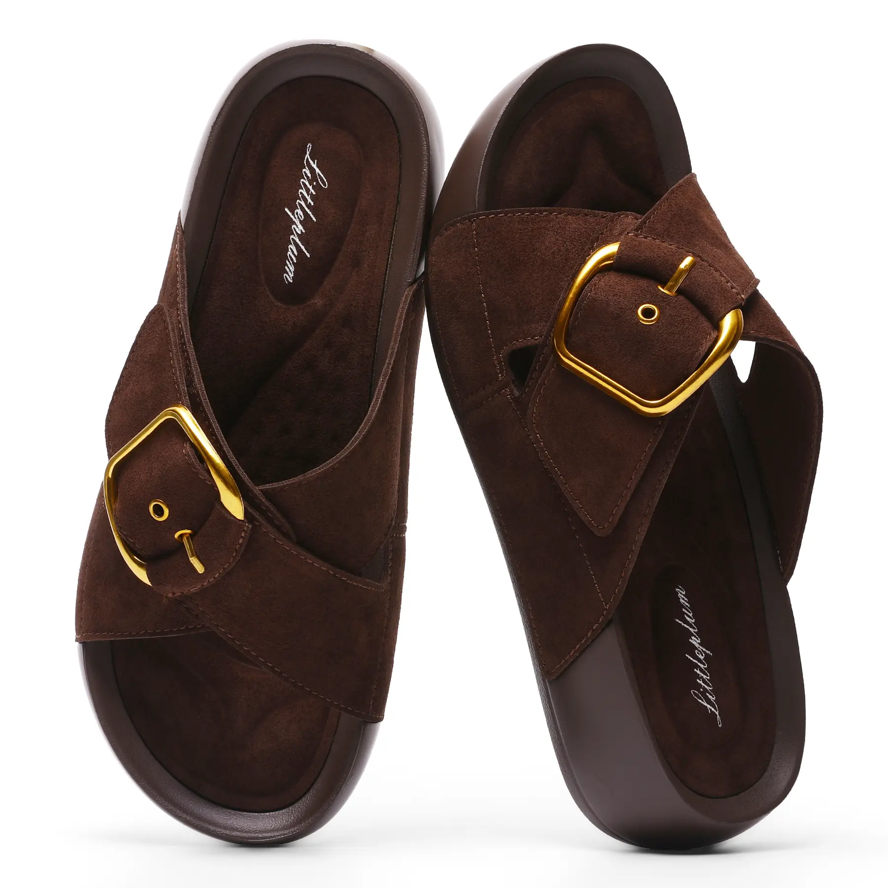 Littleplum Women's Arch Support Open Toe Flat Slides Sandals - PU Leather, Adjustable Buckle Strap, Soft Cushion Platform Wedge, Lightweight Footwear for Casual Wear, Retro Holiday Indoor/Outdoor Use