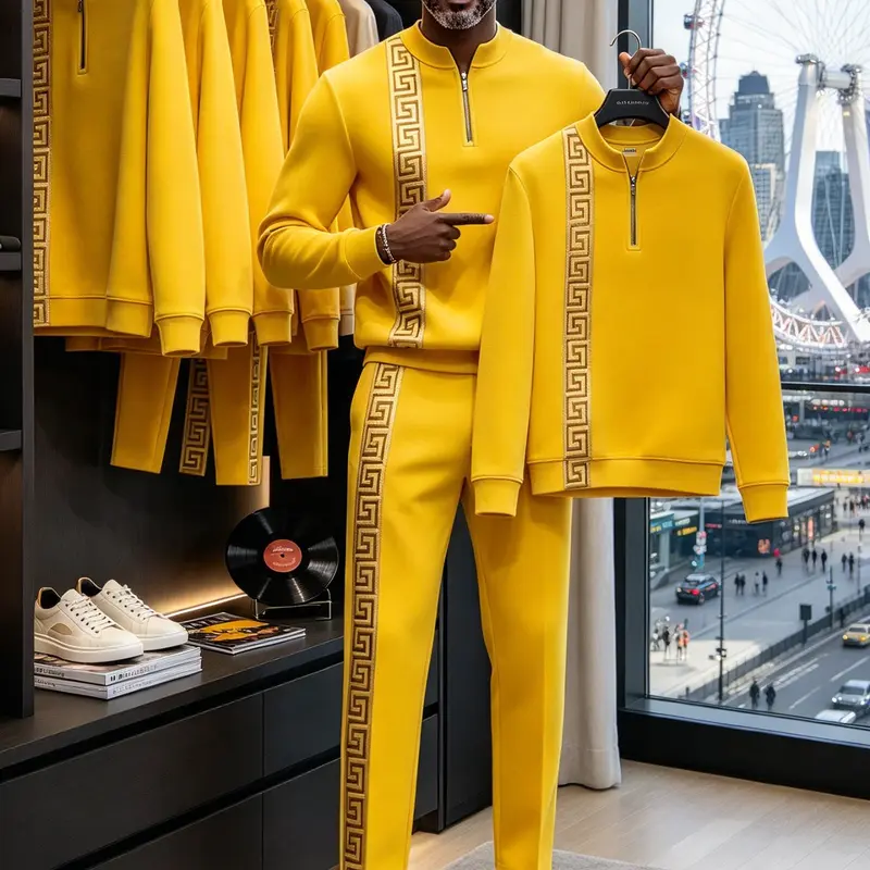 Men's European American-Style Sportswear Set Half-Zip Top & Matching Trousers Golden Greek Fretwork Design Comfortable Fabric for Daily Streetwear Casual Sporty Set Jogging Set