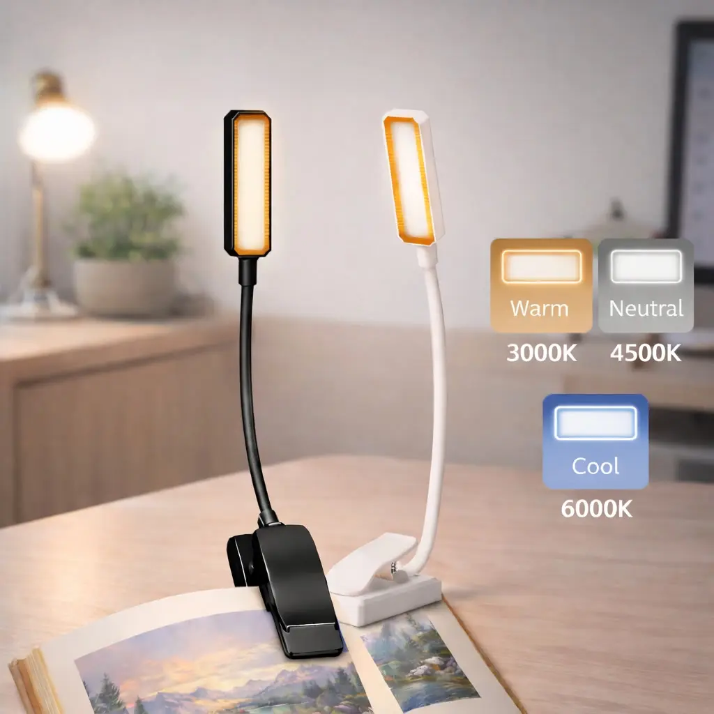 Dimmable LED Clip Reading Lamp with USB, 3 Cool/Warm/White Color Modes, 10 Brightness Levels, Adjustable Flexible Gooseneck, Soft Light Button Control - Small Bed Headboard Lamp for Home Office Nightlight